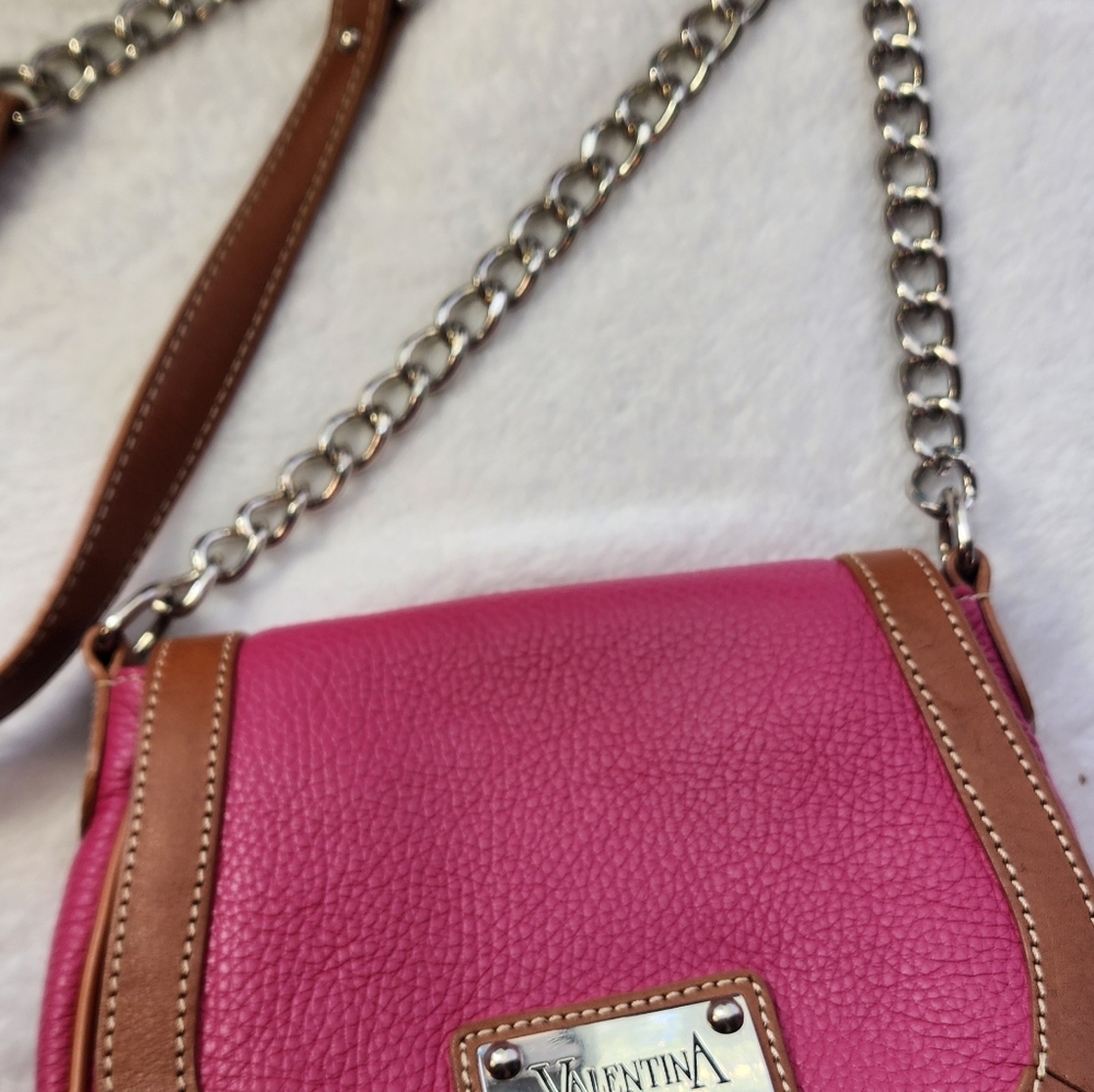 VALENTINA Saddle Leather Shoulder Bag Pink/Tan/Made in Italy EUC - Picture 16 of 17